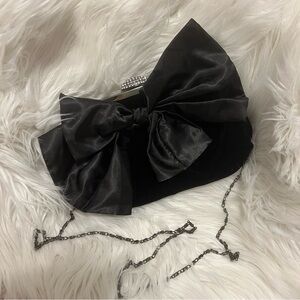 Neiman-Marcus Black Velvet Clutch with Satin Bow, Rhinestone Clasp and Chain